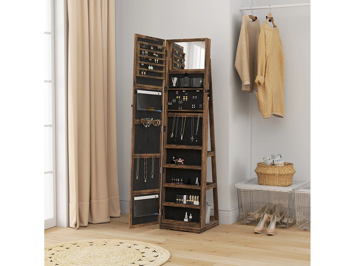 Armoire à bijoux pivotante verrouillable avec miroir - armoire bijoux multi-rangement - MDF effet bois vieilli