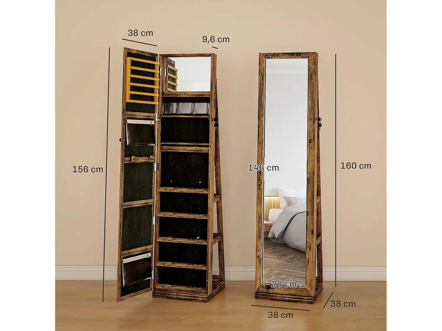 Armoire à bijoux pivotante verrouillable avec miroir - armoire bijoux multi-rangement - MDF effet bois vieilli