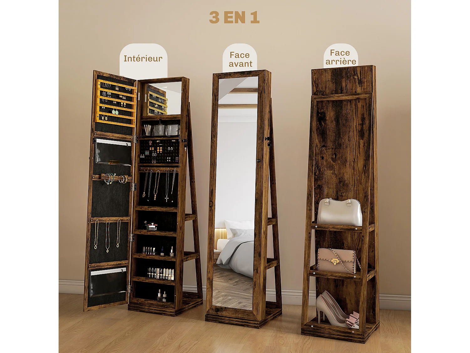 Armoire à bijoux pivotante verrouillable avec miroir - armoire bijoux multi-rangement - MDF effet bois vieilli