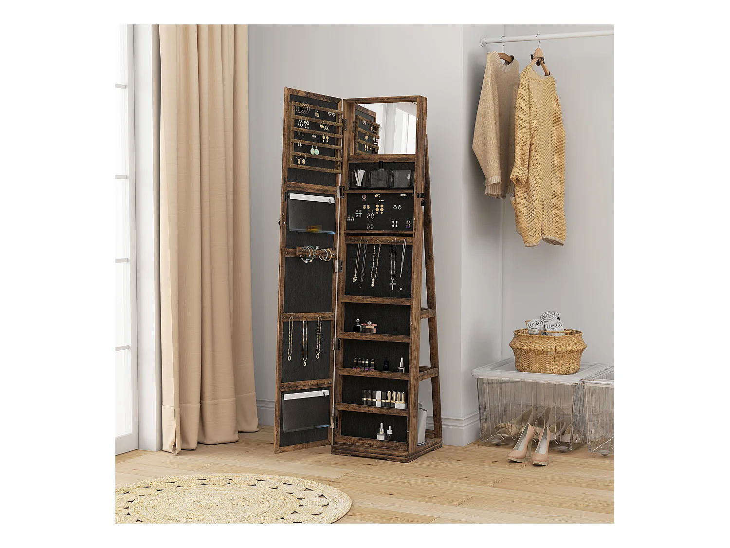 Armoire à bijoux pivotante verrouillable avec miroir - armoire bijoux multi-rangement - MDF effet bois vieilli