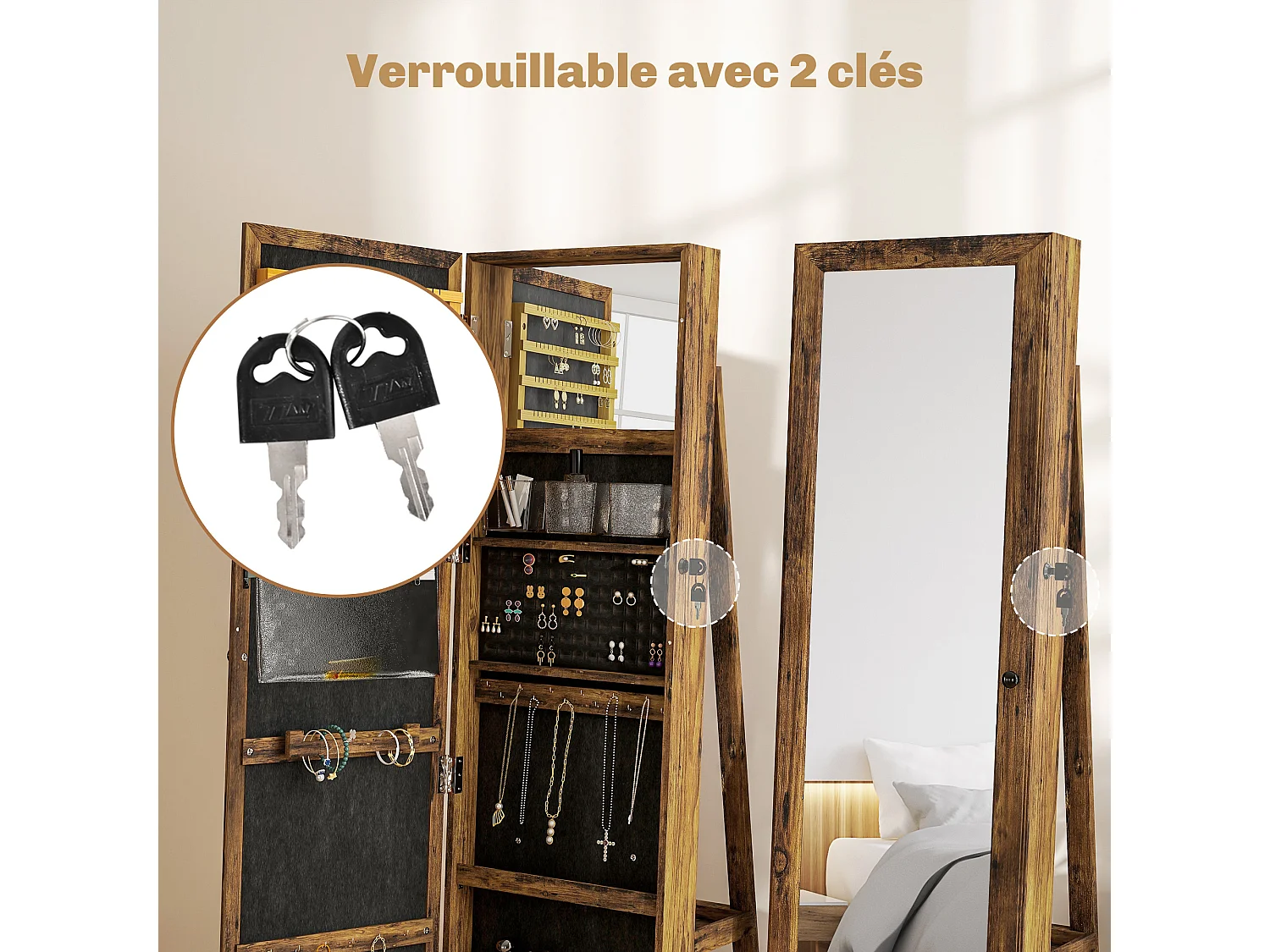 Armoire à bijoux pivotante verrouillable avec miroir - armoire bijoux multi-rangement - MDF effet bois vieilli
