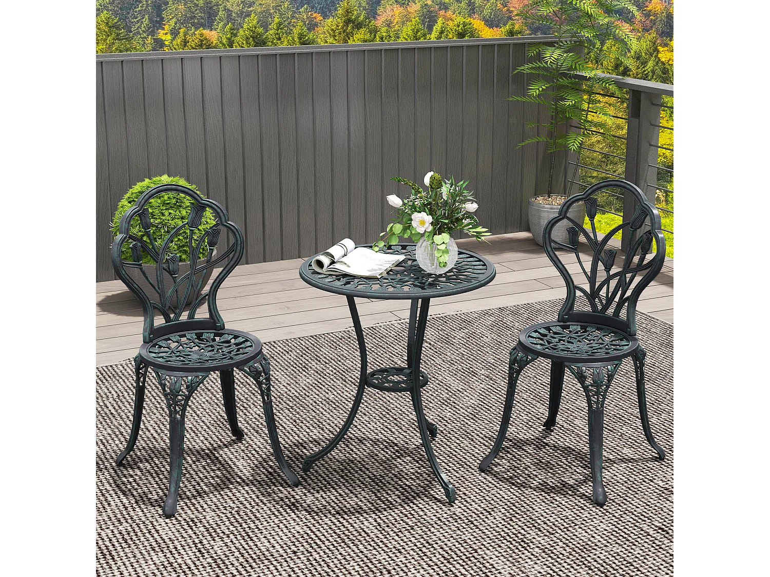 Ensemble salon de jardin 2 places 2 chaises + table ronde fonte d'aluminium imitation fer forgé noir effet vieilli