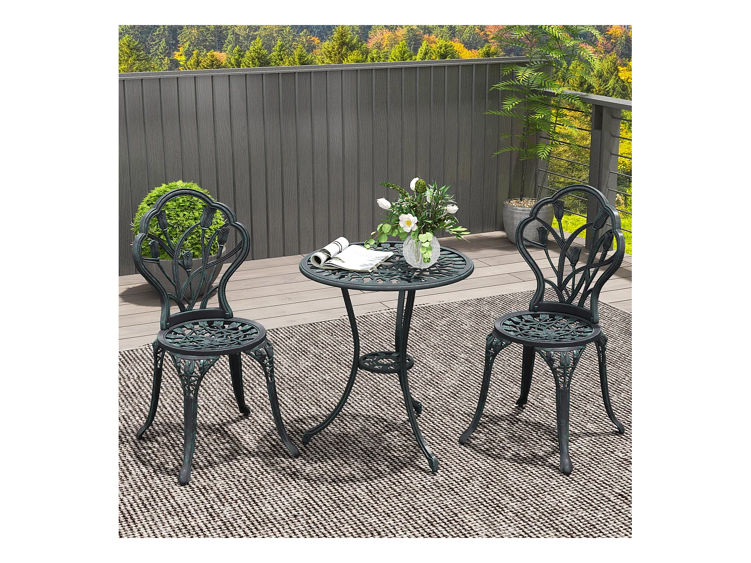 Ensemble salon de jardin 2 places 2 chaises + table ronde fonte d'aluminium imitation fer forgé noir effet vieilli