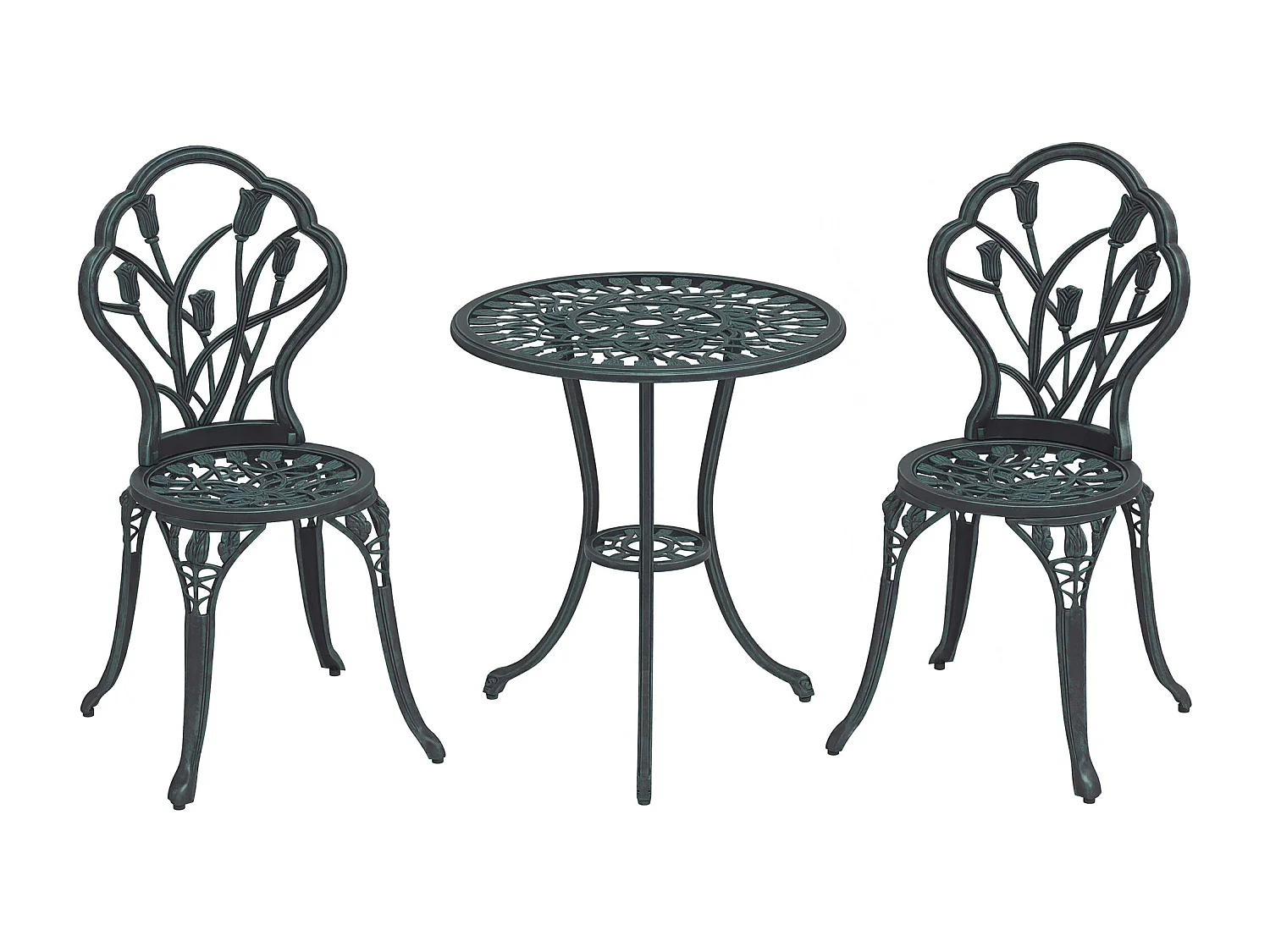 Ensemble salon de jardin 2 places 2 chaises + table ronde fonte d'aluminium imitation fer forgé noir effet vieilli