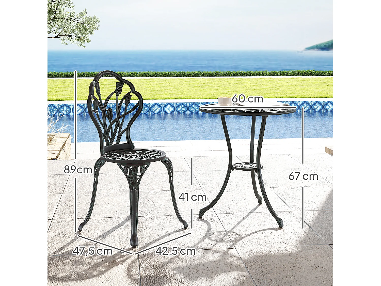 Ensemble salon de jardin 2 places 2 chaises + table ronde fonte d'aluminium imitation fer forgé noir effet vieilli