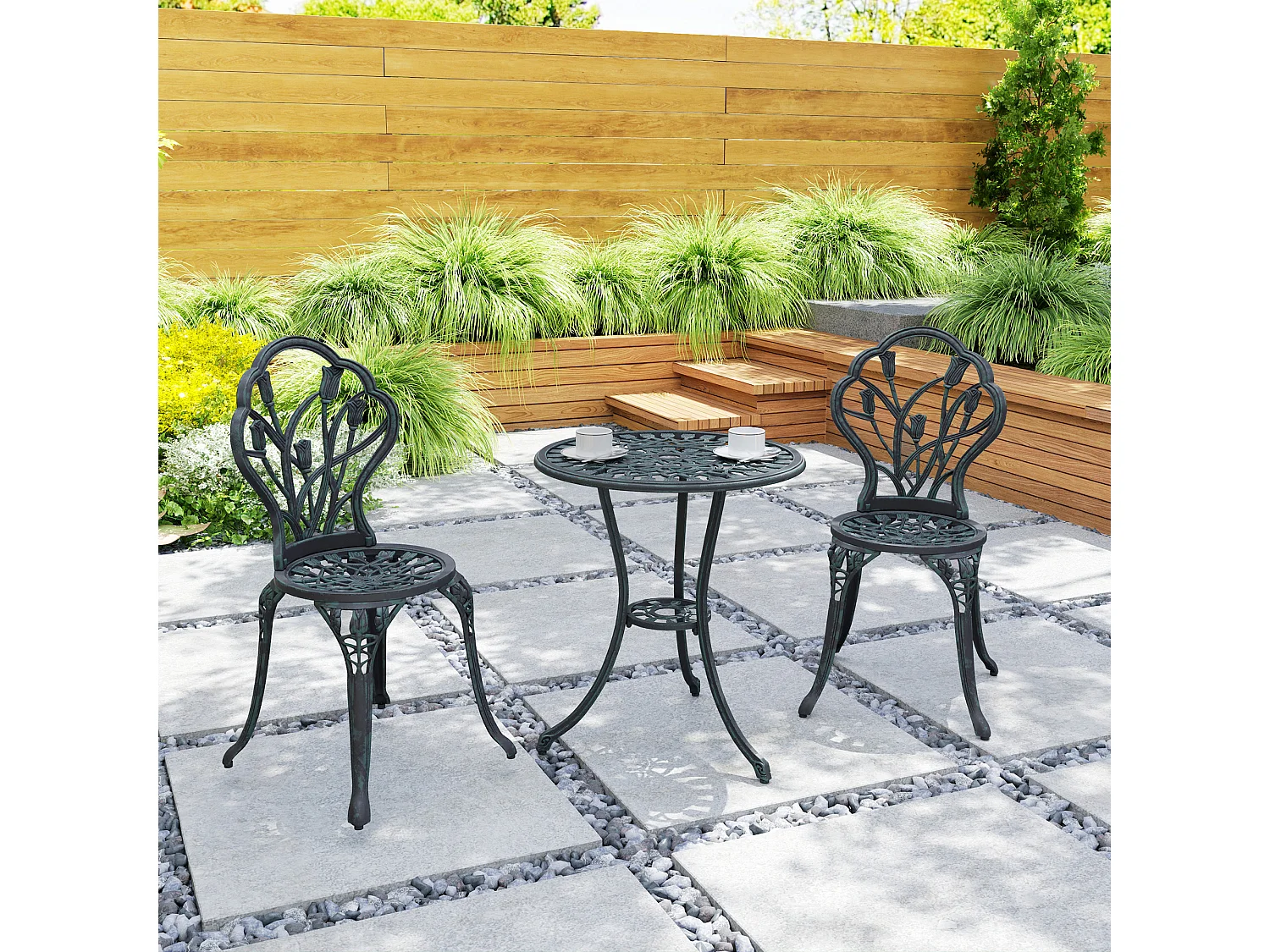 Ensemble salon de jardin 2 places 2 chaises + table ronde fonte d'aluminium imitation fer forgé noir effet vieilli