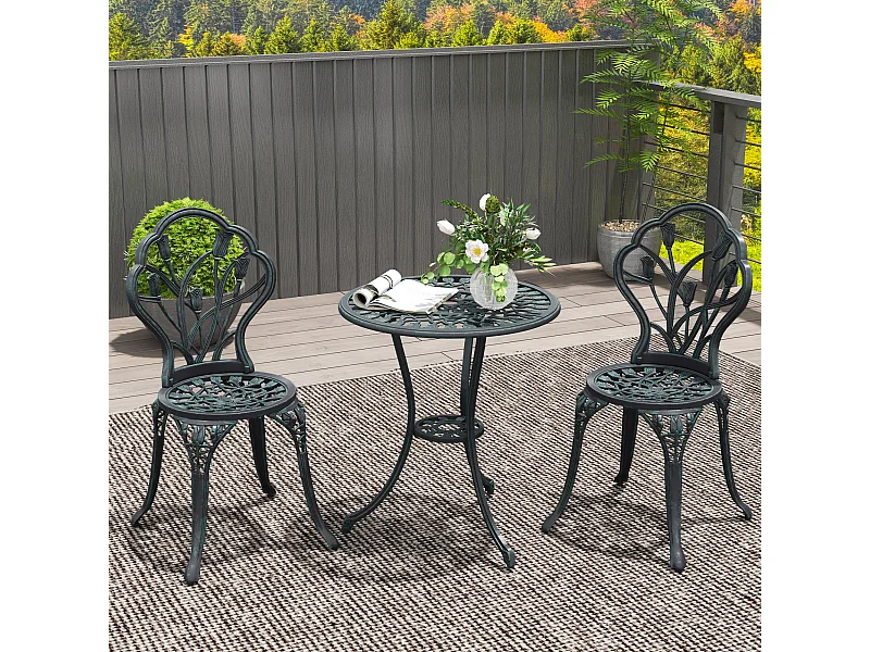 Ensemble salon de jardin 2 places 2 chaises + table ronde fonte d'aluminium imitation fer forgé noir effet vieilli