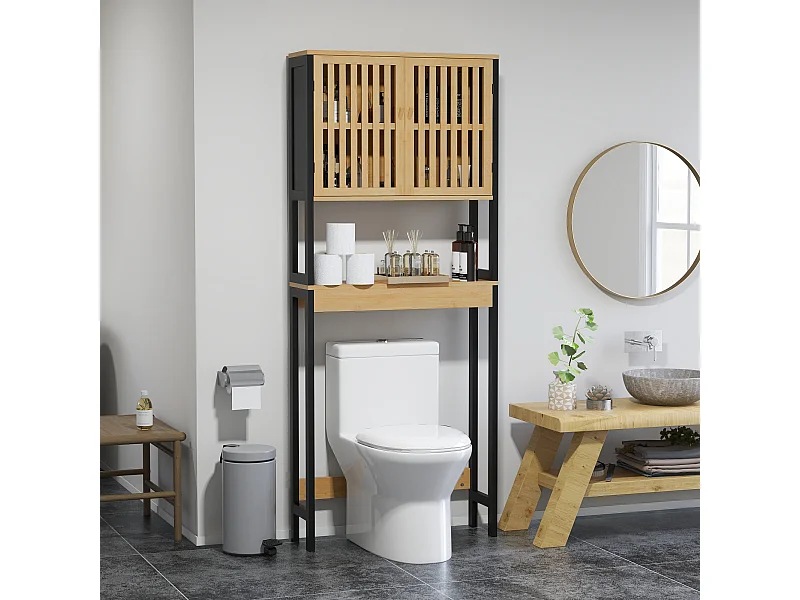 Meuble étagère dessus WC - 2 portes, 2 étagères - MDF noir bois bambou verni