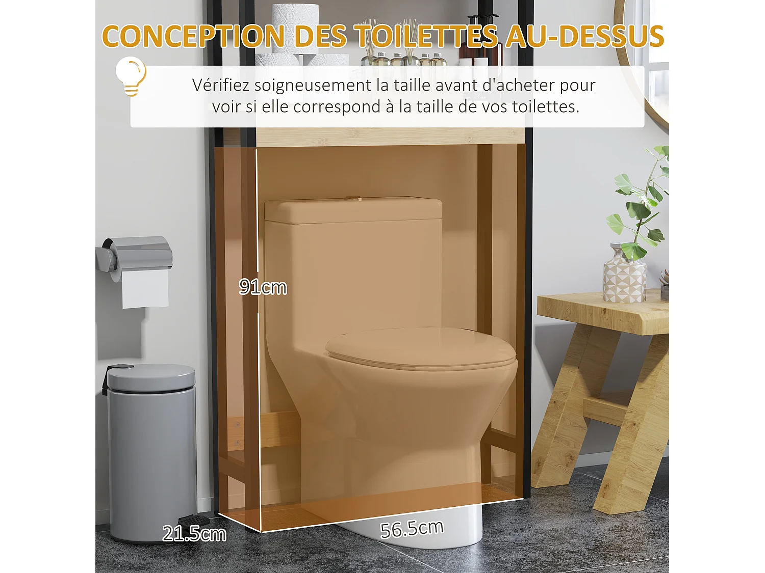 Meuble étagère dessus WC - 2 portes, 2 étagères - MDF noir bois bambou verni