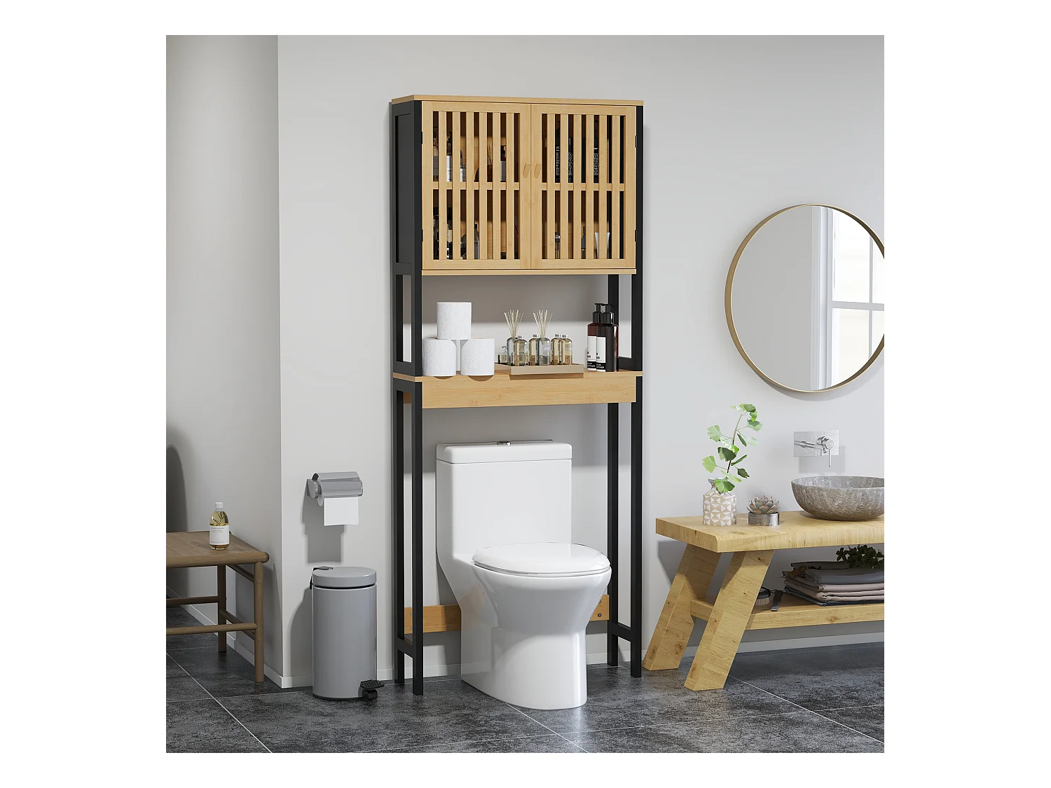 Meuble étagère dessus WC - 2 portes, 2 étagères - MDF noir bois bambou verni