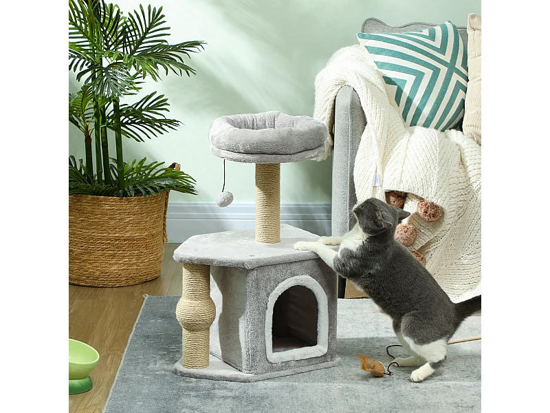 Arbre à chat H.66 cm poteaux à griffer jute lit maison chat plateforme balle de jeu gris