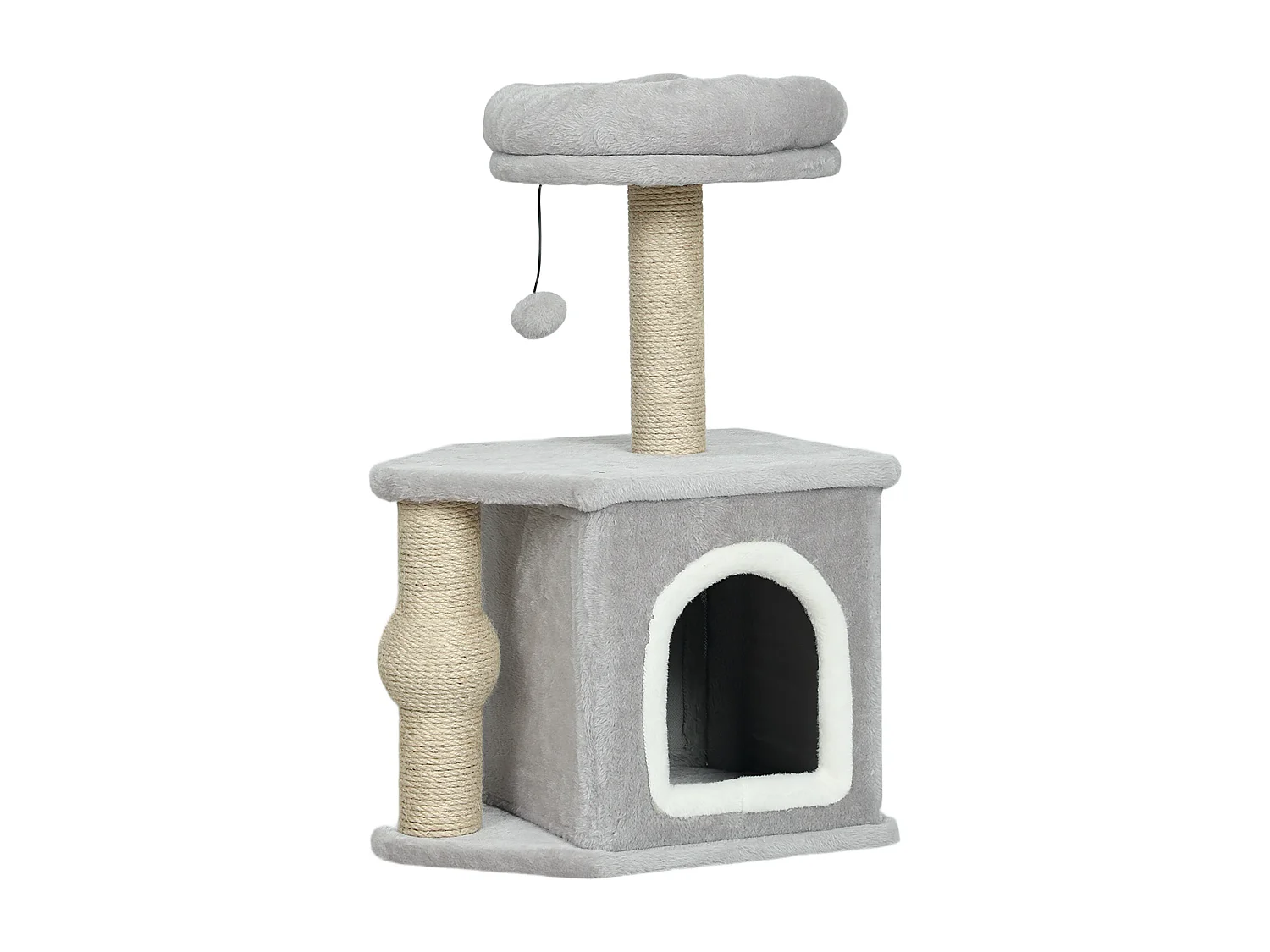 Arbre à chat H.66 cm poteaux à griffer jute lit maison chat plateforme balle de jeu gris