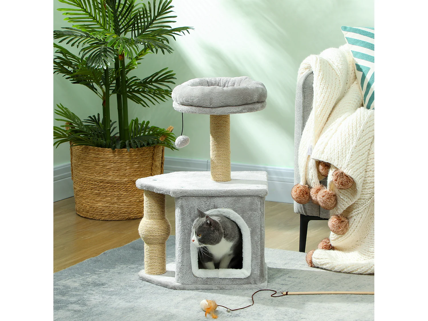 Arbre à chat H.66 cm poteaux à griffer jute lit maison chat plateforme balle de jeu gris