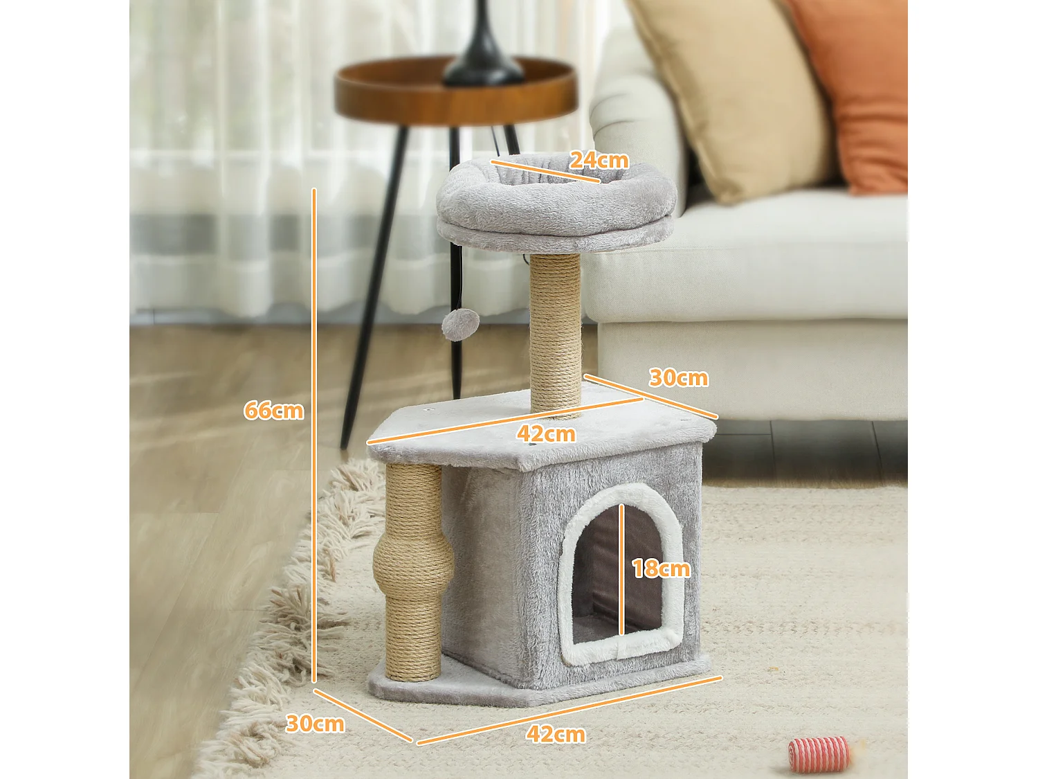 Arbre à chat H.66 cm poteaux à griffer jute lit maison chat plateforme balle de jeu gris