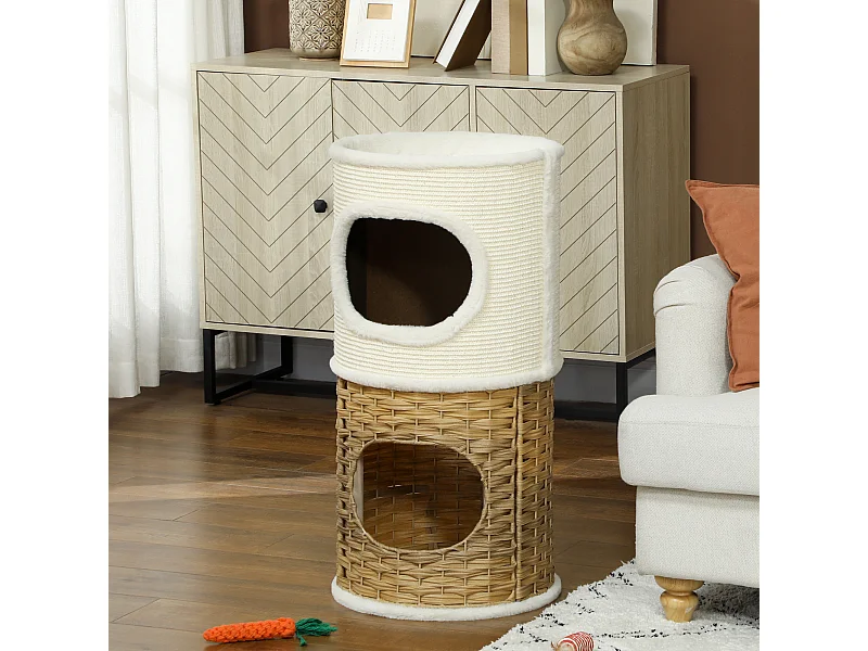 Tour à griffer pour chat 3 niveaux - 2 niches, panier observation- H.75,5 cm - résine tressée sisal