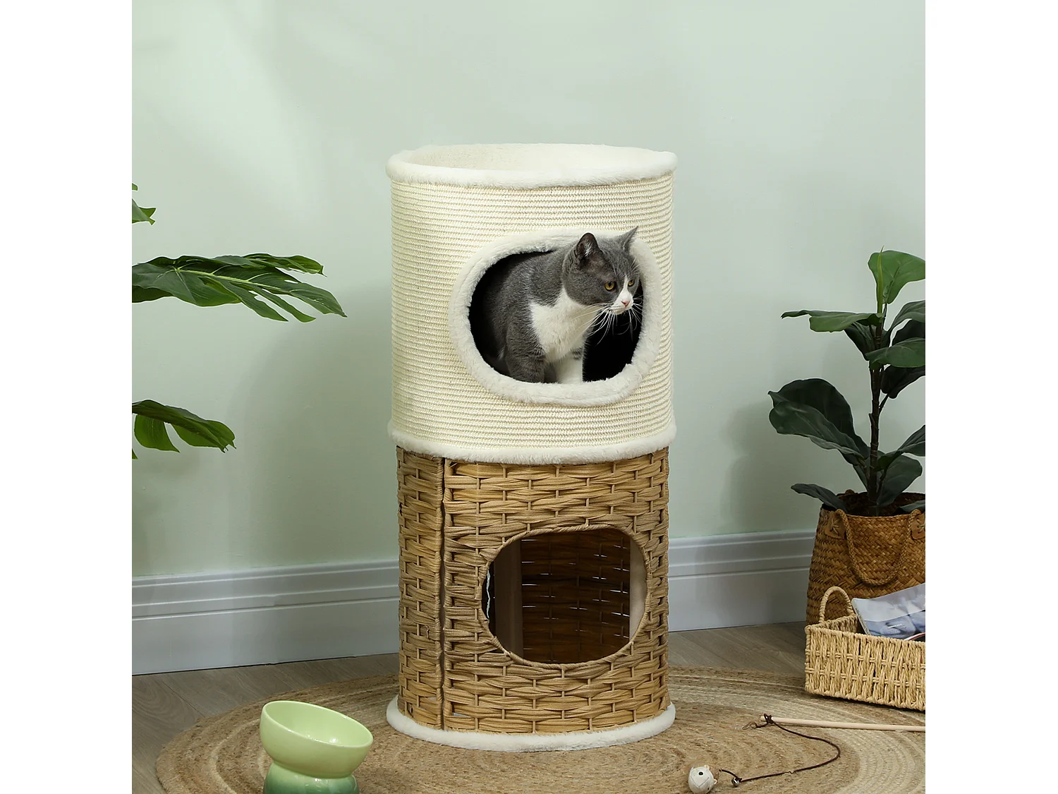 Tour à griffer pour chat 3 niveaux - 2 niches, panier observation- H.75,5 cm - résine tressée sisal