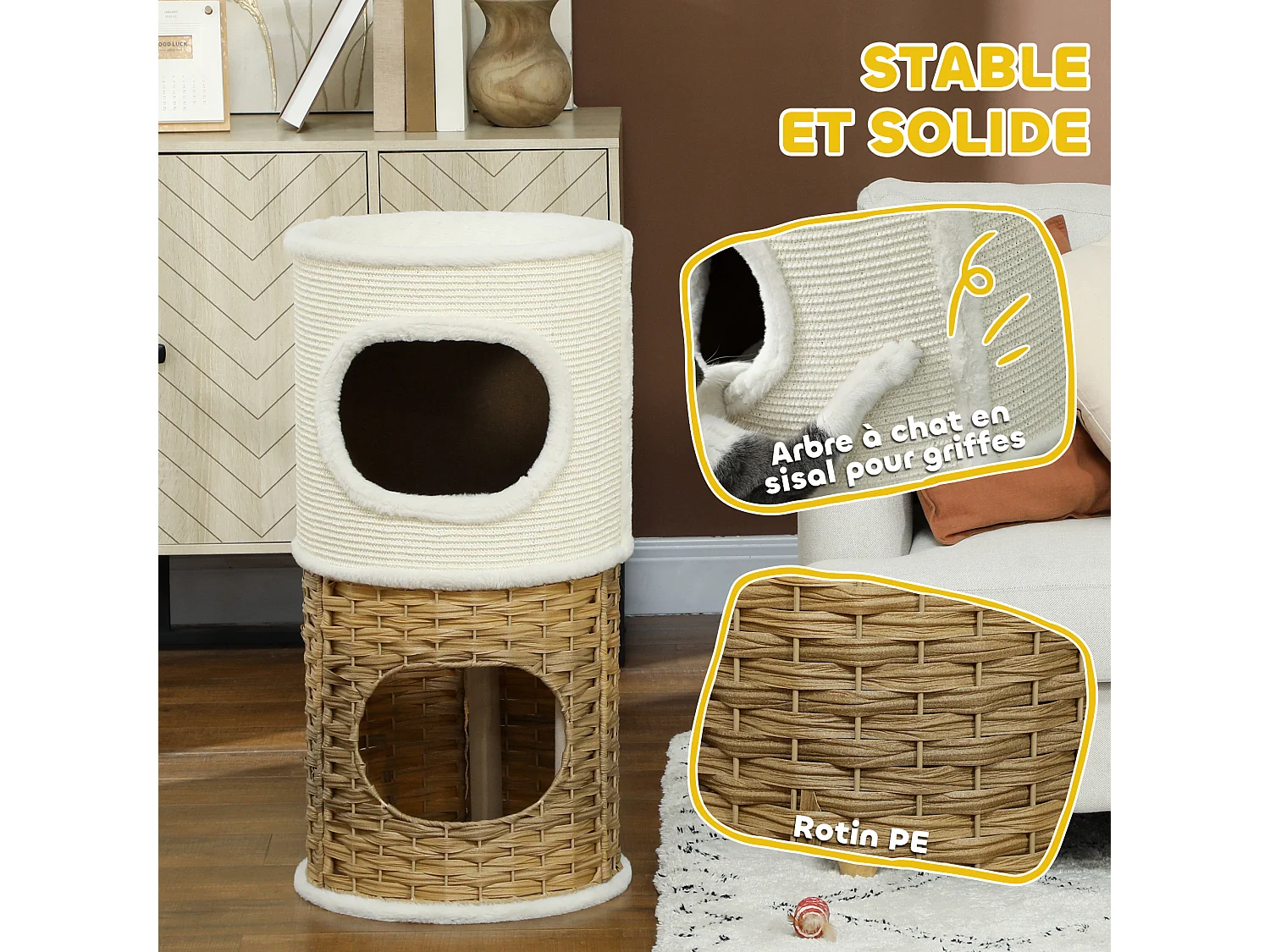 Tour à griffer pour chat 3 niveaux - 2 niches, panier observation- H.75,5 cm - résine tressée sisal