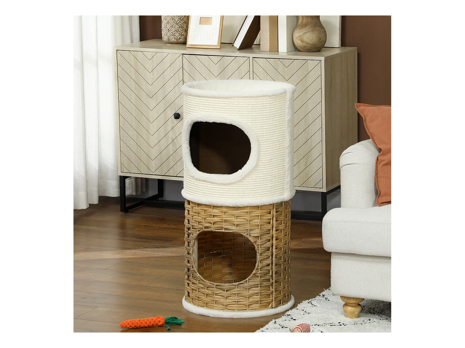 Tour à griffer pour chat 3 niveaux - 2 niches, panier observation- H.75,5 cm - résine tressée sisal