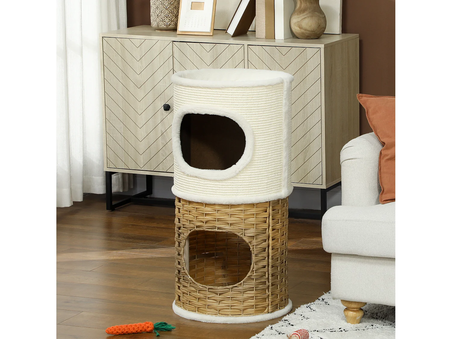 Tour à griffer pour chat 3 niveaux - 2 niches, panier observation- H.75,5 cm - résine tressée sisal