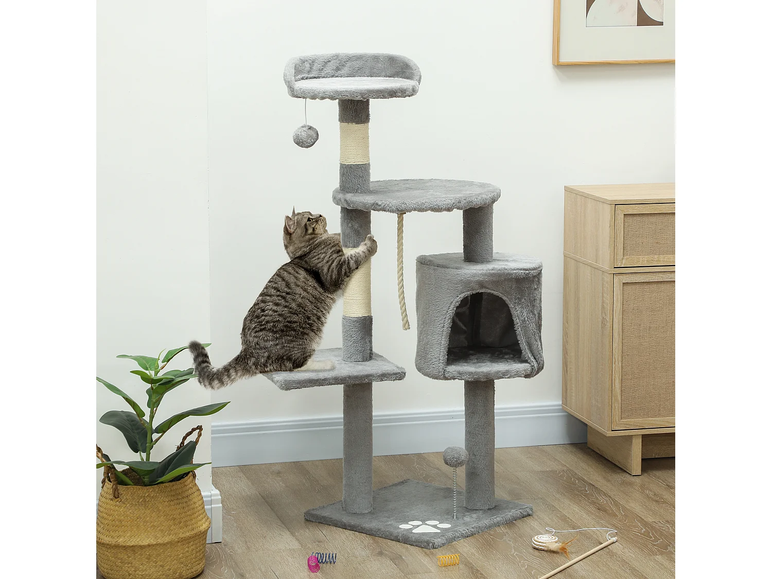 Arbre à chats multi-équipements griffoirs grattoirs plateformes niche corde jouets 40L x 40l x 114H cm gris