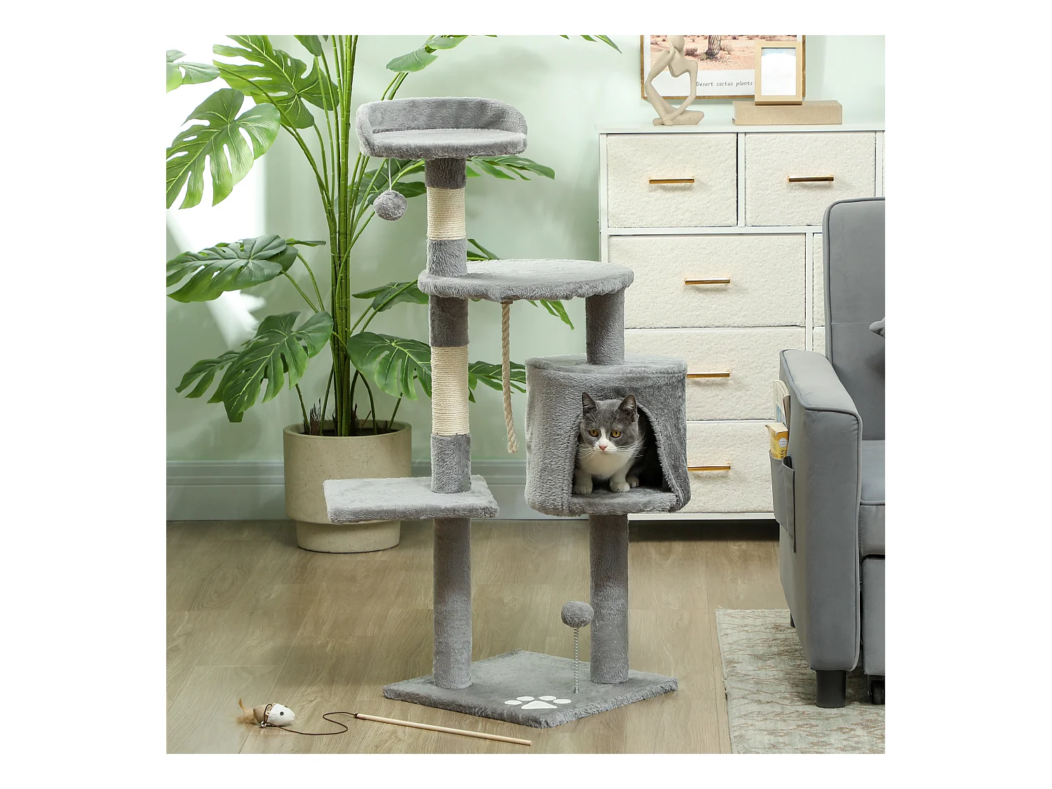 Arbre à chats multi-équipements griffoirs grattoirs plateformes niche corde jouets 40L x 40l x 114H cm gris