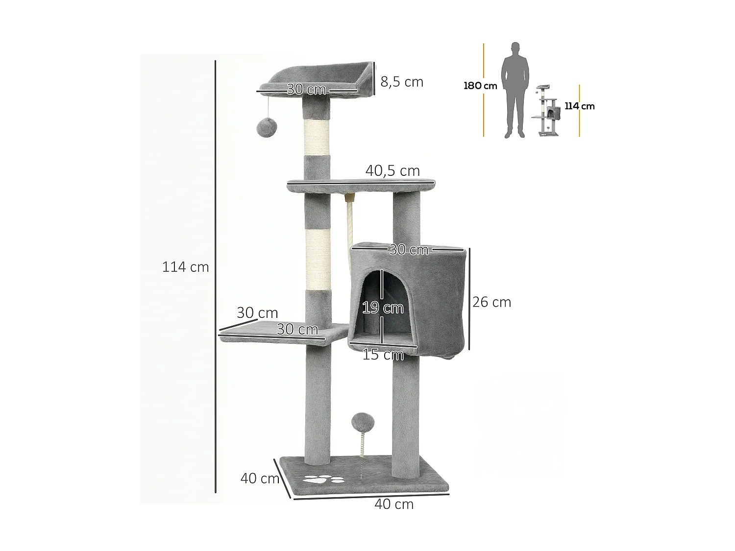 Arbre à chats multi-équipements griffoirs grattoirs plateformes niche corde jouets 40L x 40l x 114H cm gris