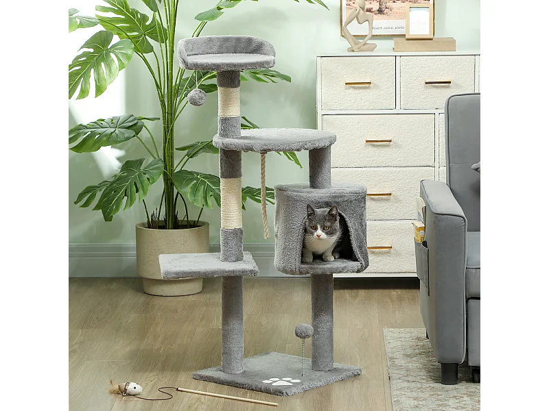 Arbre à chats multi-équipements griffoirs grattoirs plateformes niche corde jouets 40L x 40l x 114H cm gris