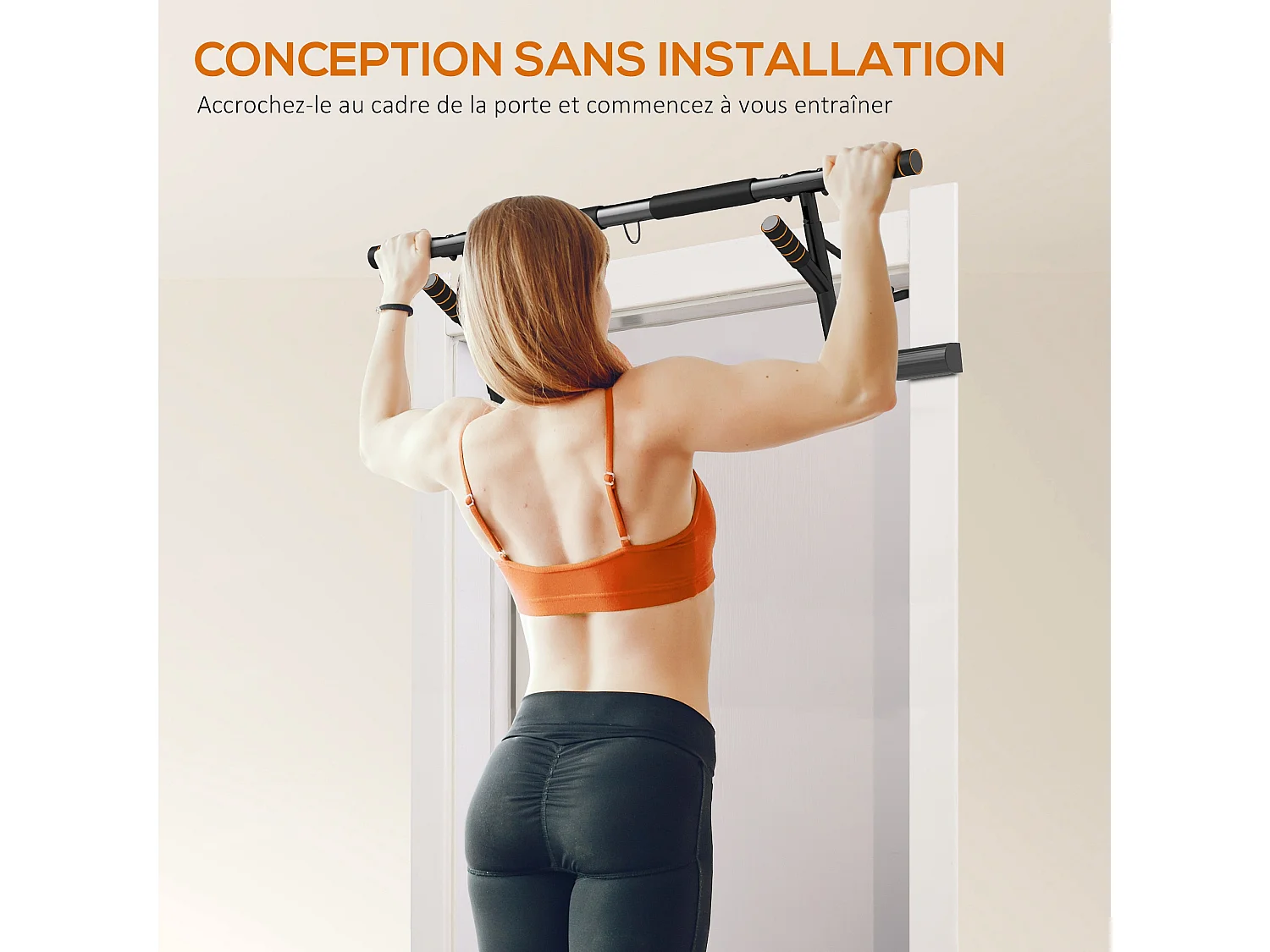 Barre de traction porte 2 bandes de résistance incluses max. 150 Kg acier orange noir