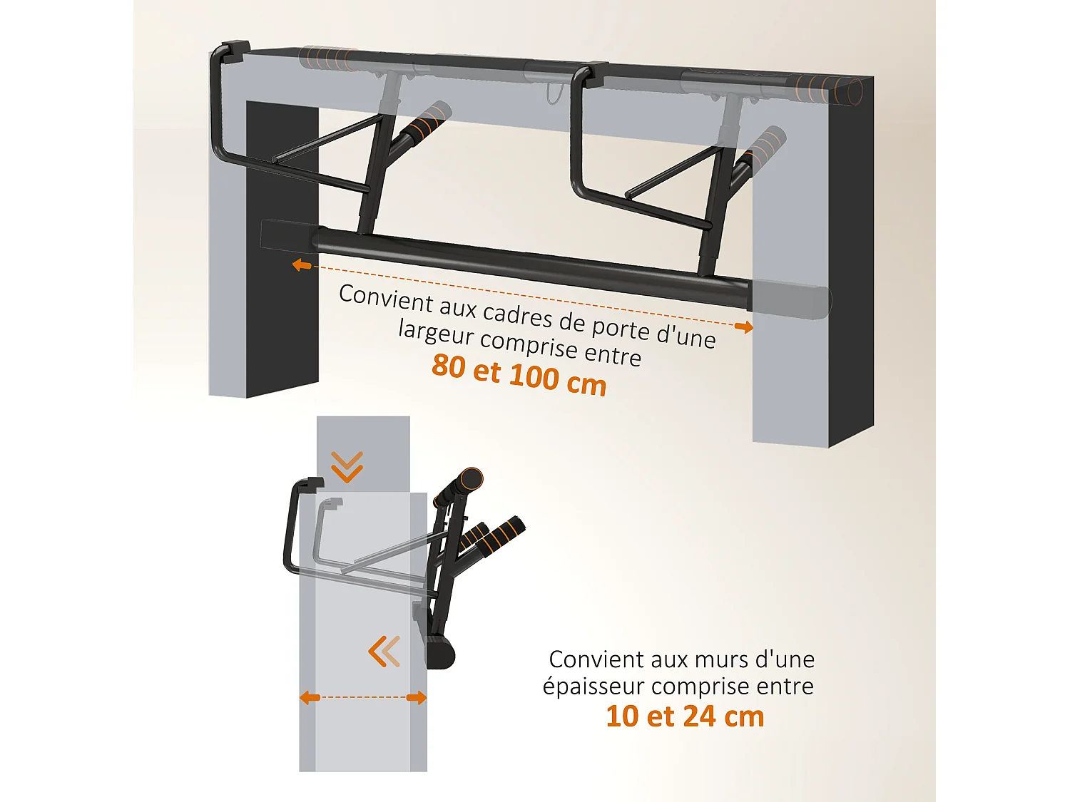 Barre de traction porte 2 bandes de résistance incluses max. 150 Kg acier orange noir