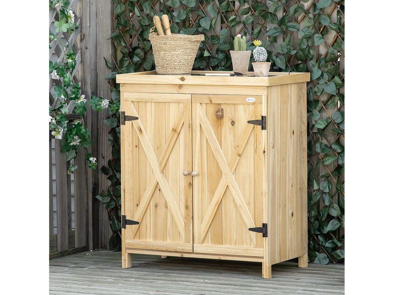 Armoire de jardin table de rempotage 2 en 1 - 2 portes, étagère - plateau métal galvanisé bois pré-huilé