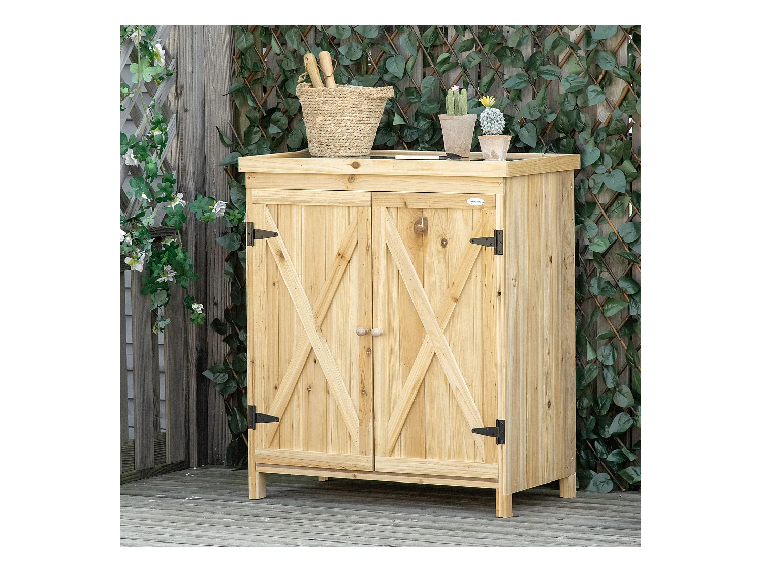 Armoire de jardin table de rempotage 2 en 1 - 2 portes, étagère - plateau métal galvanisé bois pré-huilé