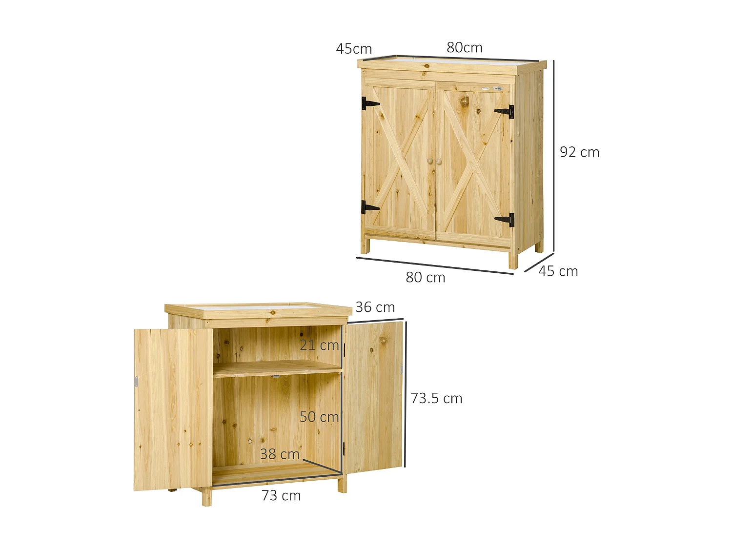 Armoire de jardin table de rempotage 2 en 1 - 2 portes, étagère - plateau métal galvanisé bois pré-huilé