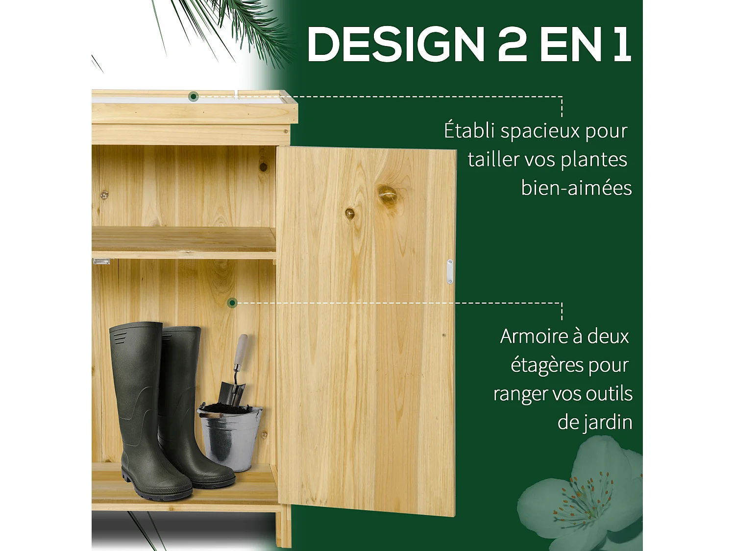 Armoire de jardin table de rempotage 2 en 1 - 2 portes, étagère - plateau métal galvanisé bois pré-huilé