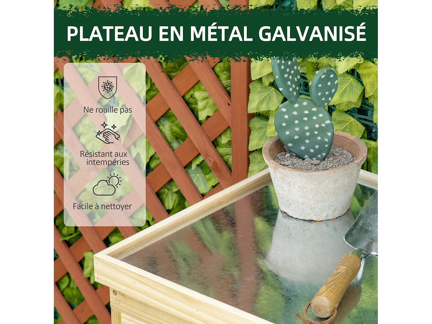 Armoire de jardin table de rempotage 2 en 1 - 2 portes, étagère - plateau métal galvanisé bois pré-huilé