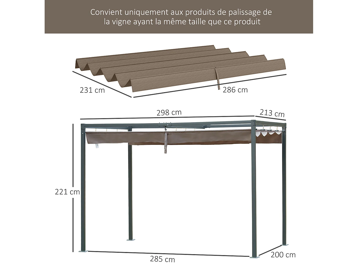 Toile de rechange pour pergola rétractable 3 x 2,15 m polyester haute densité 180 g/m² anti-UV30+ taupe