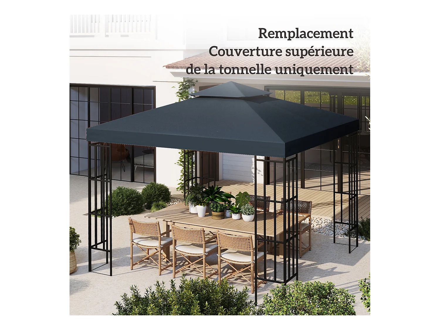 Toile de rechange pour pavillon tonnelle tente 3 x 3 m polyester haute densité 180 g/m² gris foncé