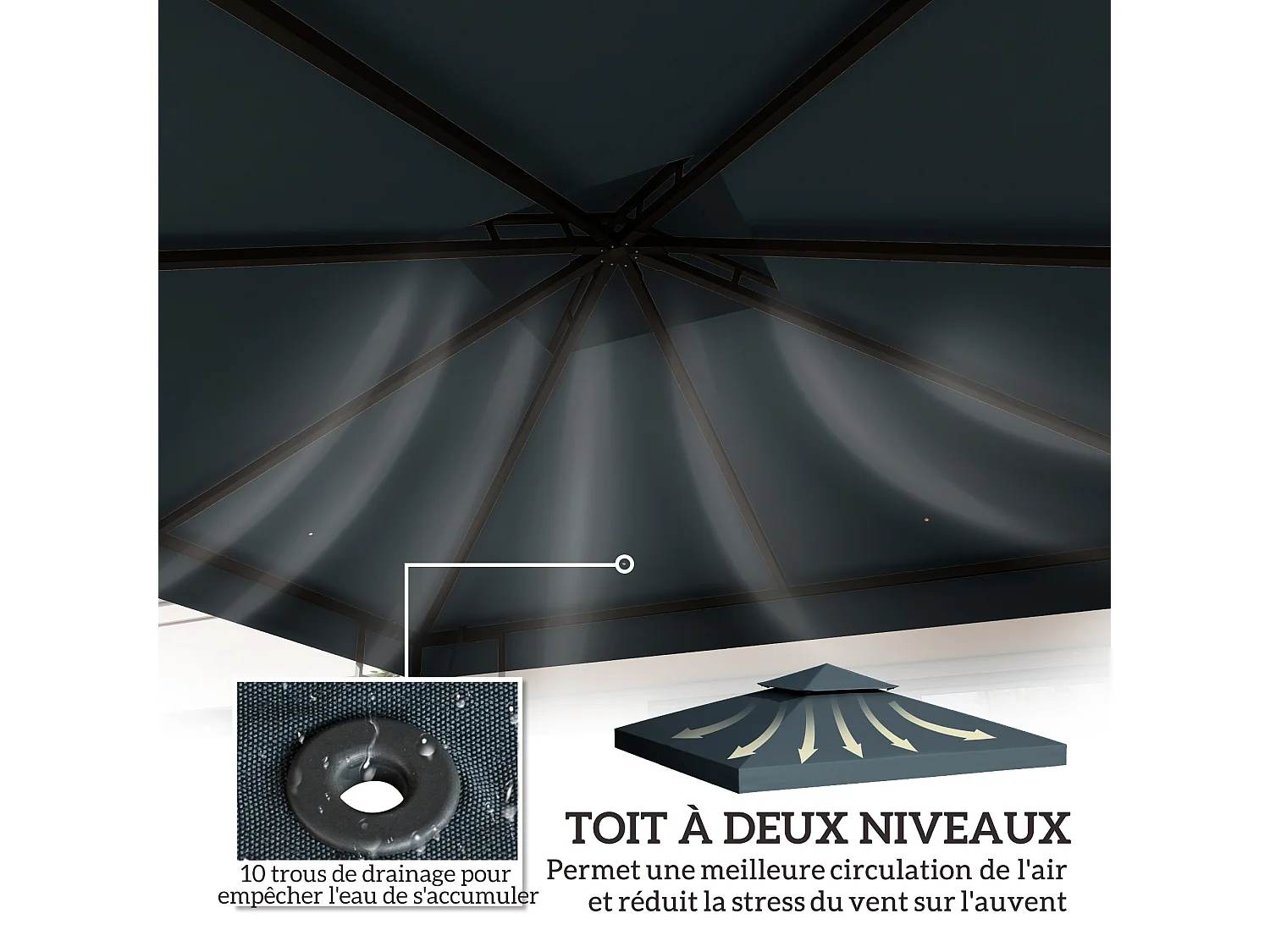 Toile de rechange pour pavillon tonnelle tente 3 x 3 m polyester haute densité 180 g/m² gris foncé