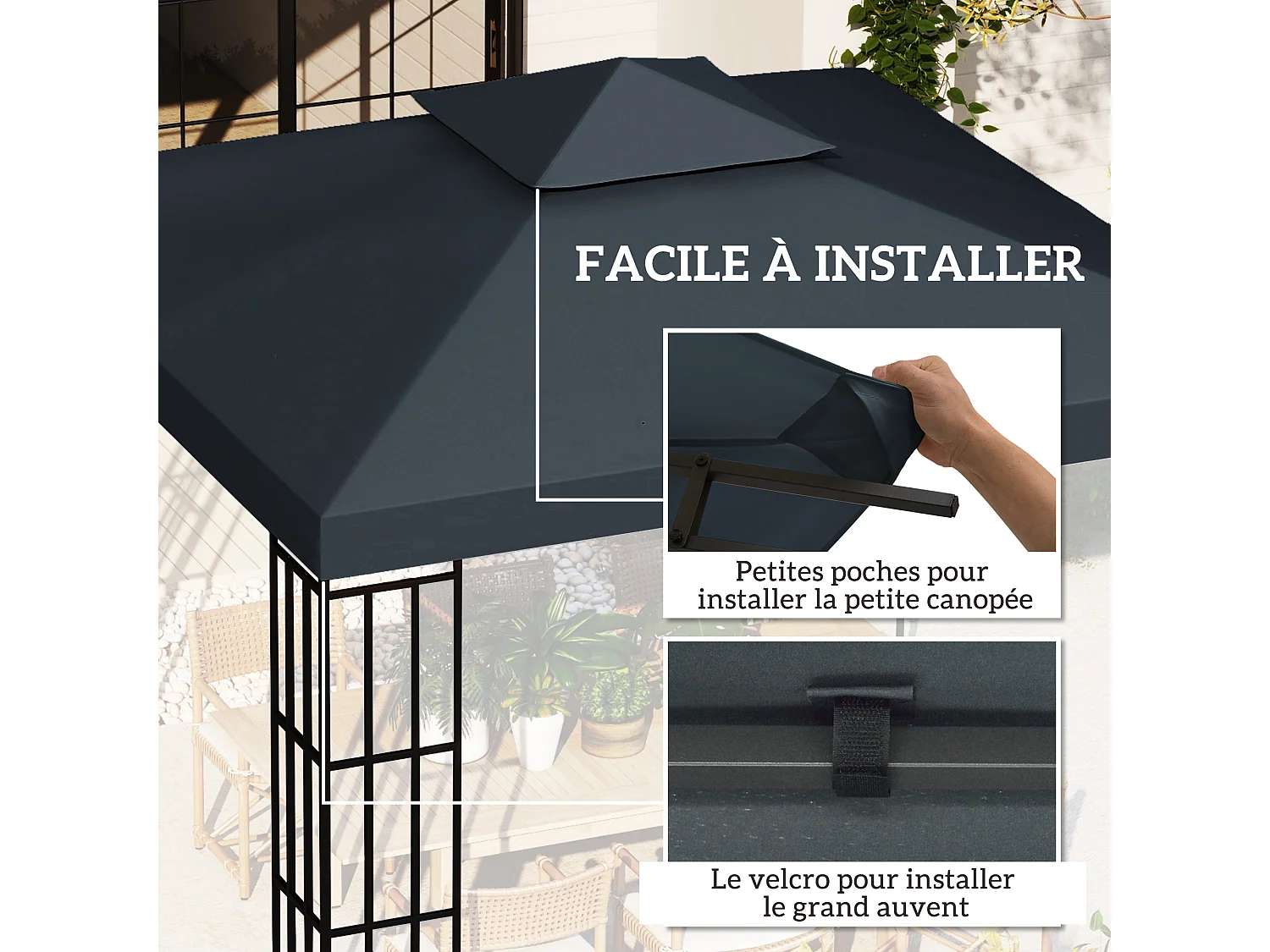 Toile de rechange pour pavillon tonnelle tente 3 x 3 m polyester haute densité 180 g/m² gris foncé