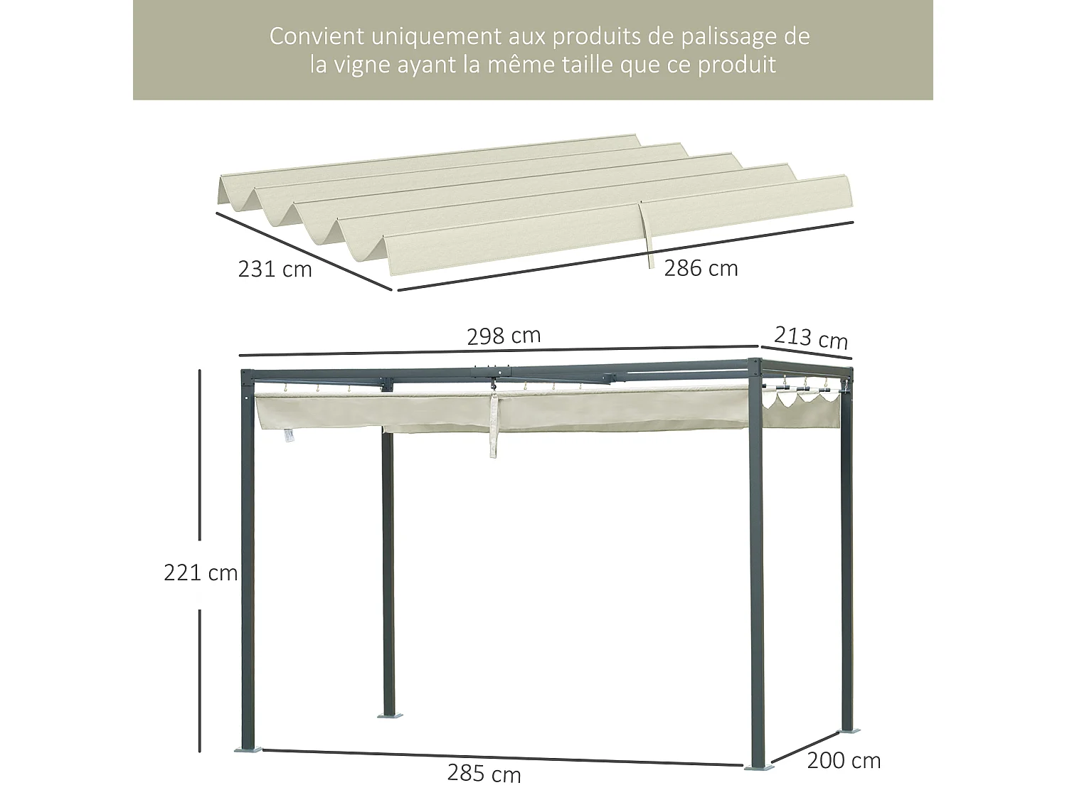 Toile de rechange pour pergola rétractable 3 x 2,15 m polyester haute densité 180 g/m² anti-UV30+ crème