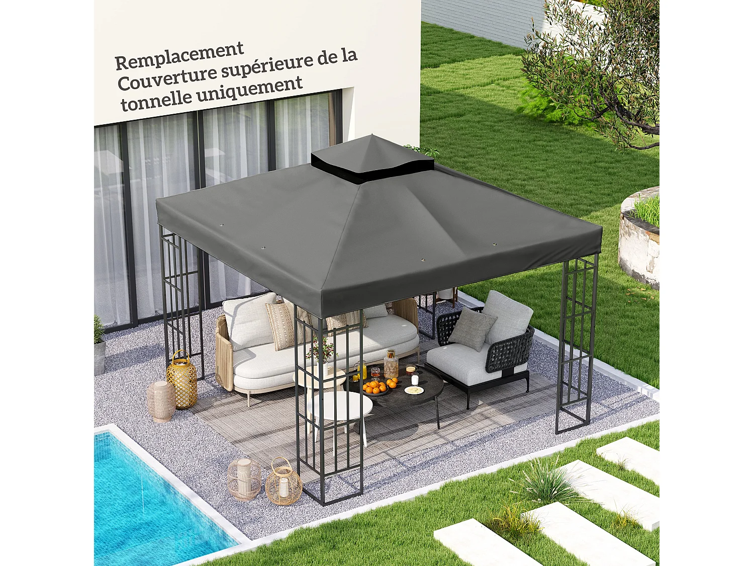 Toile de rechange barnum tonnelle 3 x 3 m - toit double avec œillets drainage - polyester haute densité 370 g/m² gris