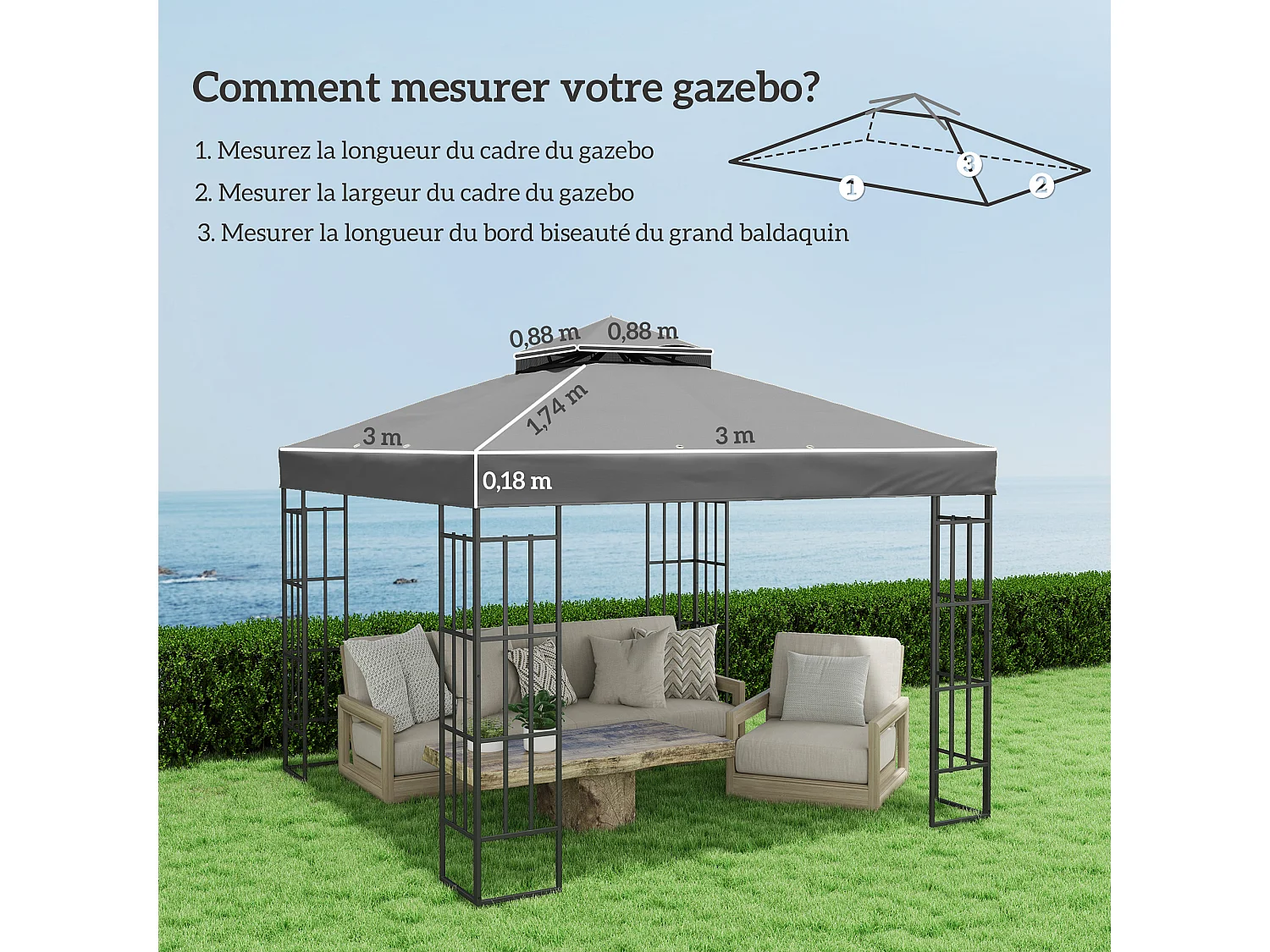 Toile de rechange barnum tonnelle 3 x 3 m - toit double avec œillets drainage - polyester haute densité 370 g/m² gris