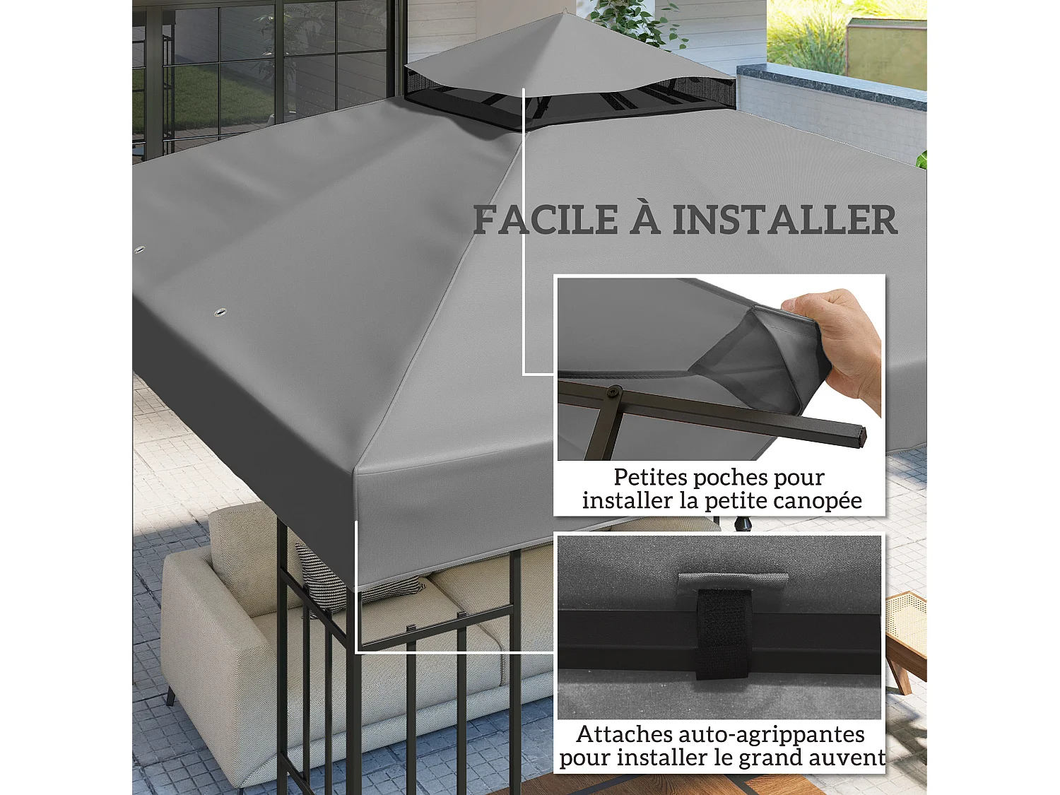 Toile de rechange barnum tonnelle 3 x 3 m - toit double avec œillets drainage - polyester haute densité 370 g/m² gris