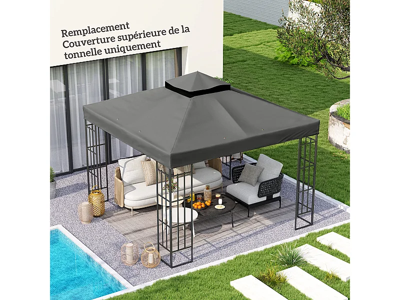 Toile de rechange barnum tonnelle 3 x 3 m - toit double avec œillets drainage - polyester haute densité 370 g/m² gris