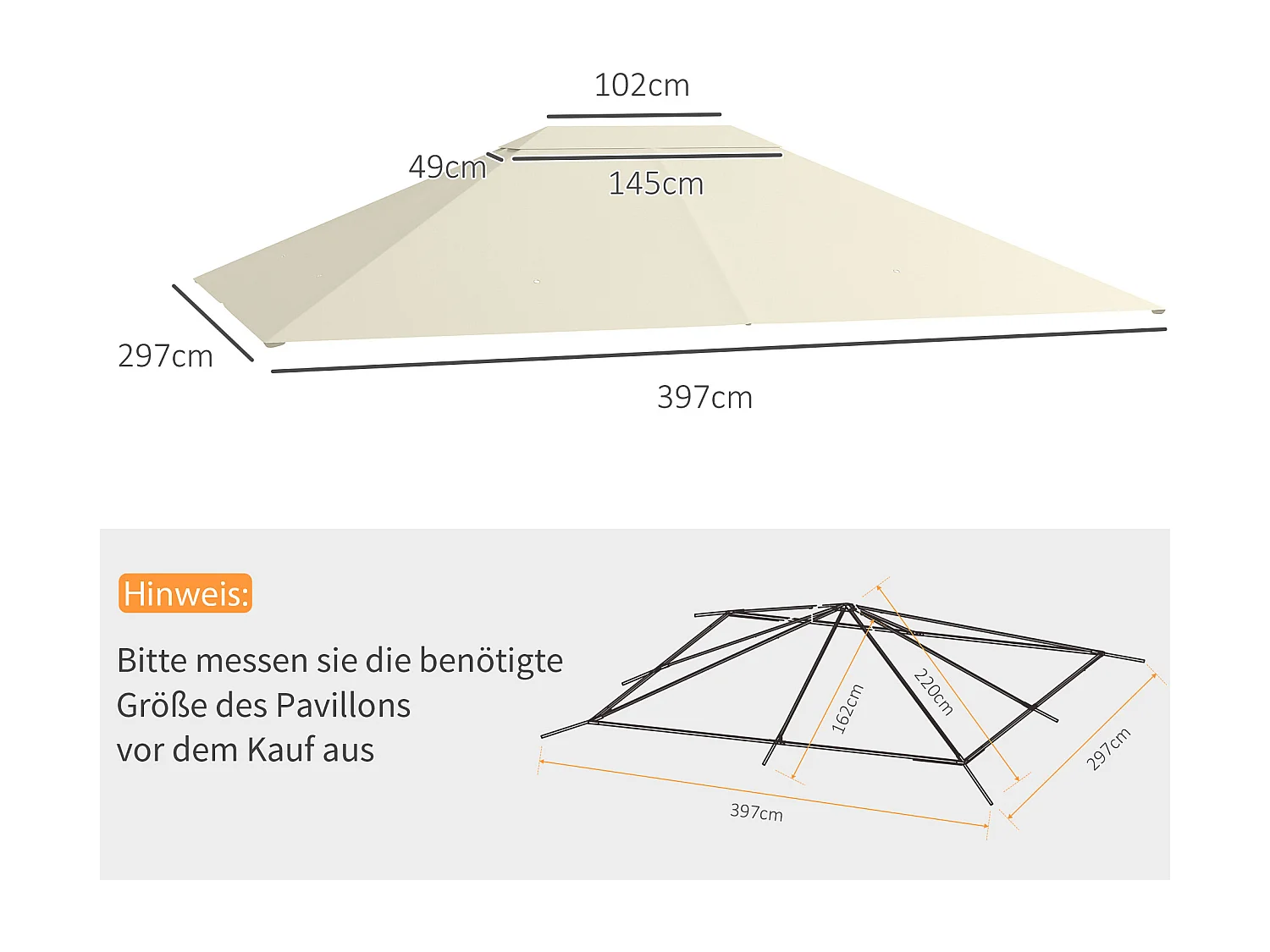 Toile de remplacement tonnelle 3 x 4 m tissu haute densité beige clair