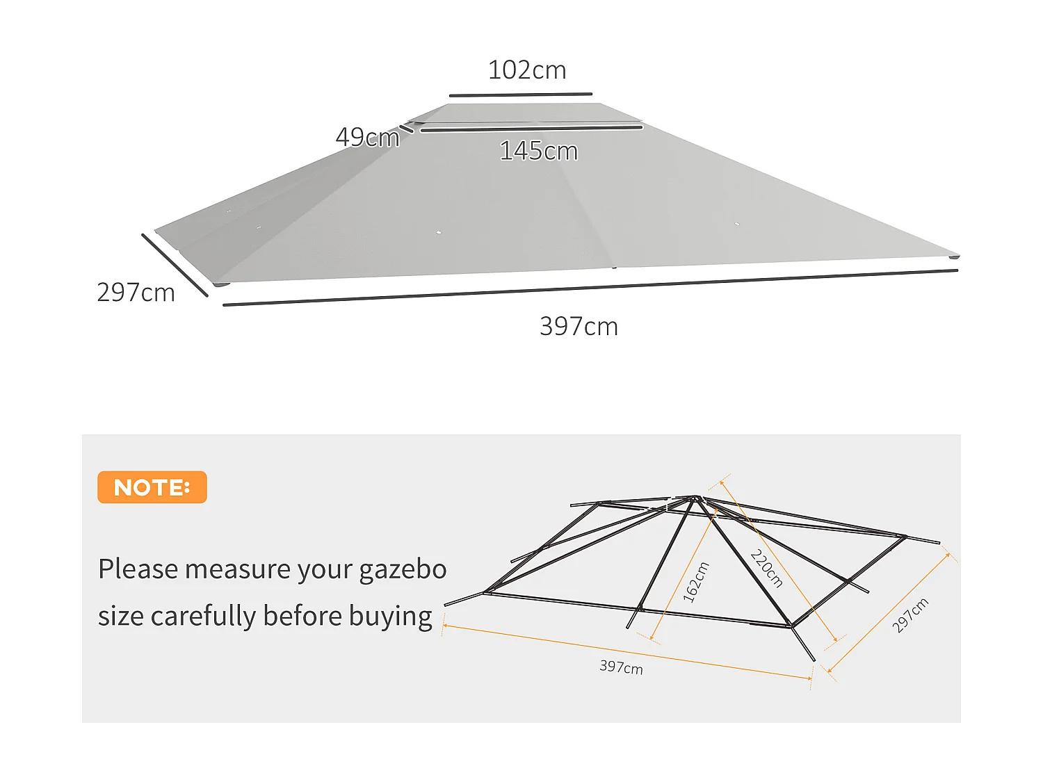 Toile de remplacement tonnelle 3 x 4 m tissu haute densité gris clair