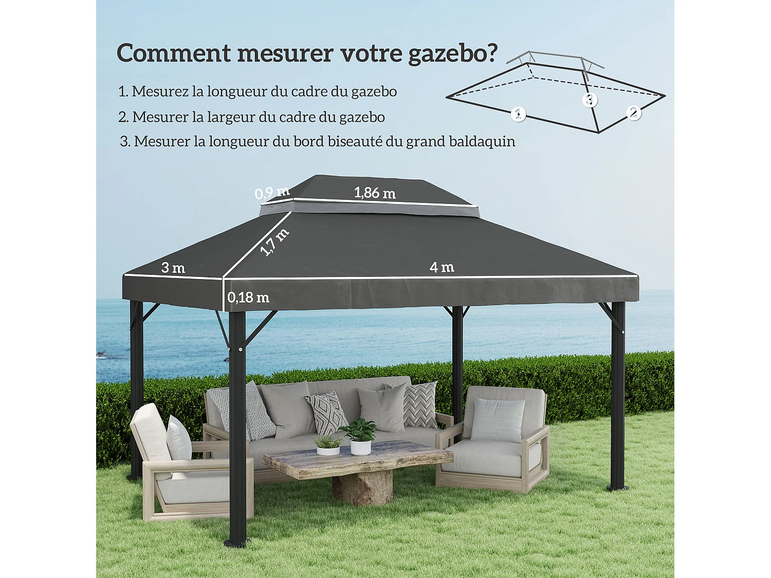 Toile de rechange barnum tonnelle 4 x 3 m - toit double avec œillets drainage - polyester haute densité 370 g/m² gris