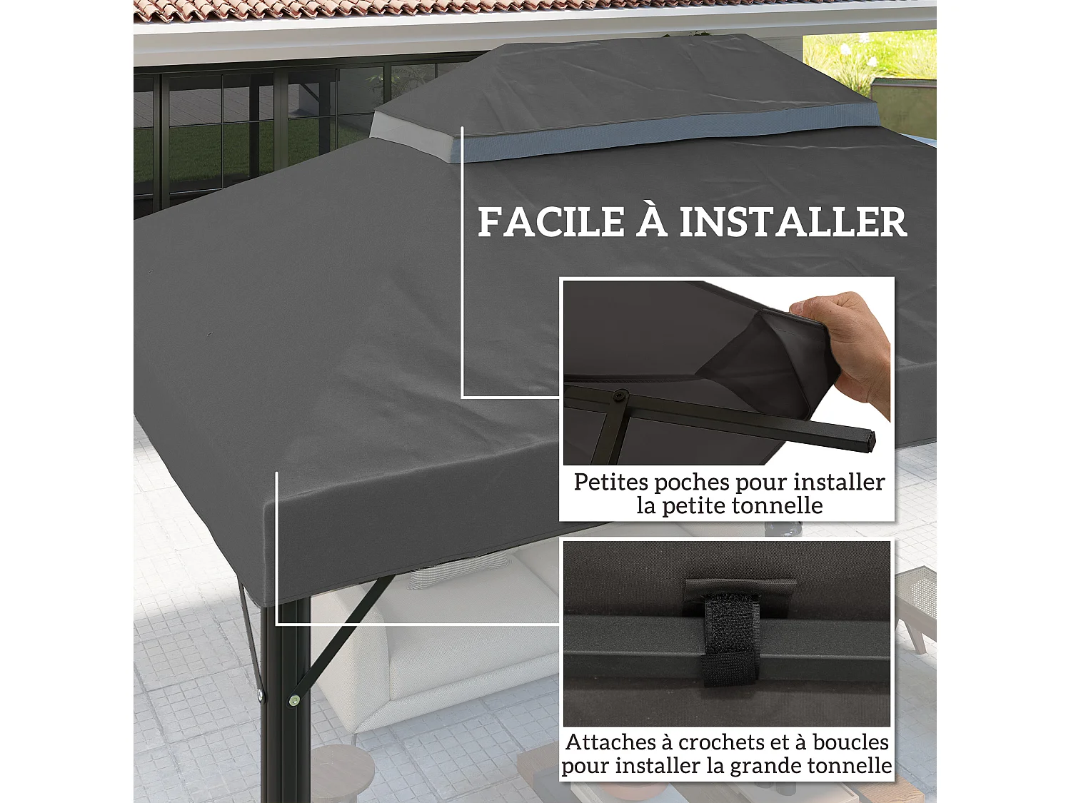 Toile de rechange barnum tonnelle 4 x 3 m - toit double avec œillets drainage - polyester haute densité 370 g/m² gris