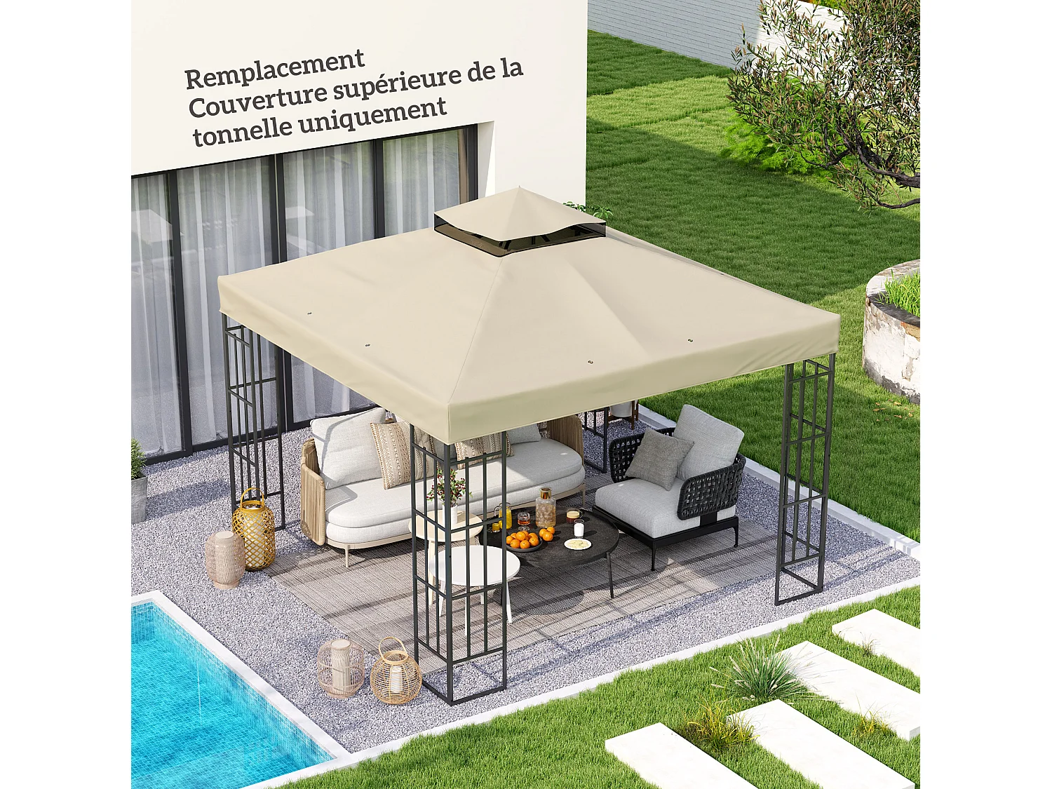 Toile de rechange barnum tonnelle 3 x 3 m - toit double avec œillets drainage - polyester haute densité 370 g/m² beige