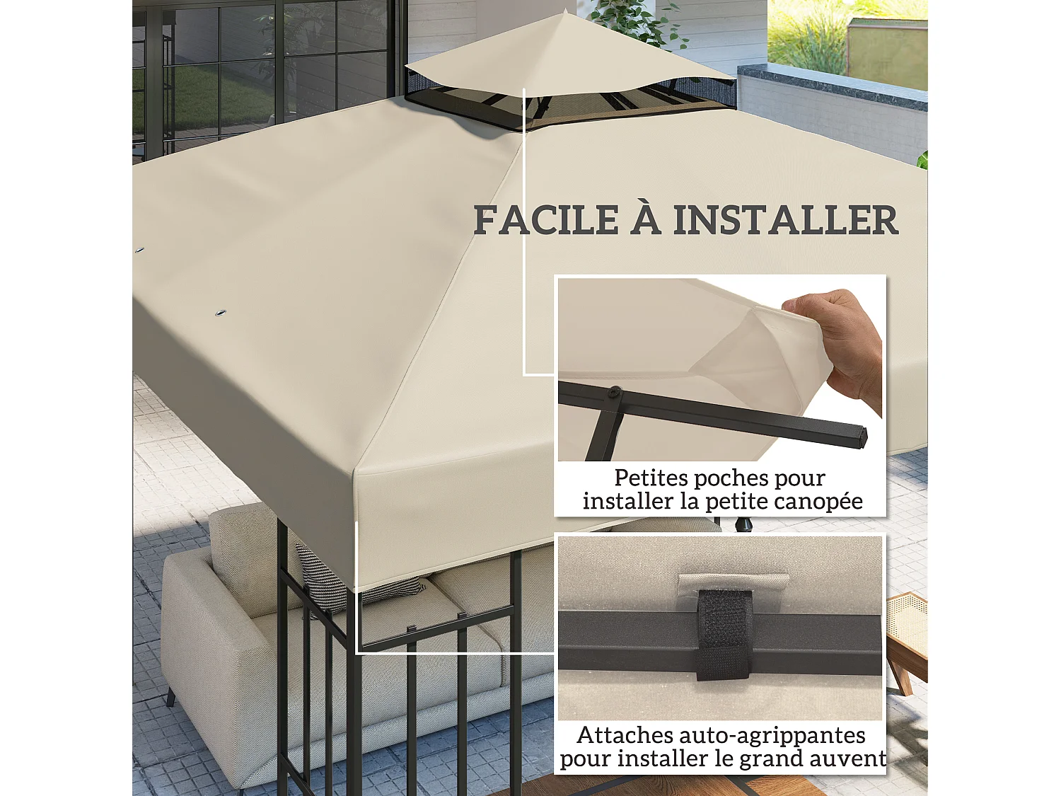 Toile de rechange barnum tonnelle 3 x 3 m - toit double avec œillets drainage - polyester haute densité 370 g/m² beige