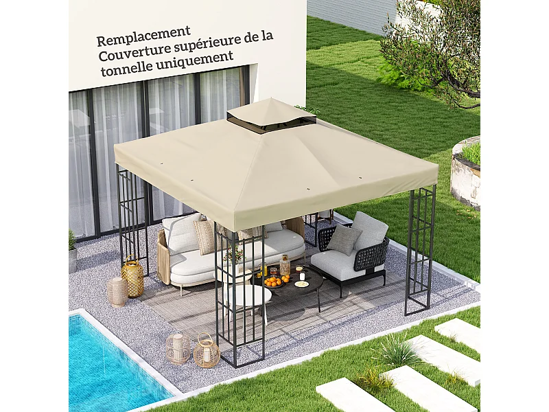 Toile de rechange barnum tonnelle 3 x 3 m - toit double avec œillets drainage - polyester haute densité 370 g/m² beige